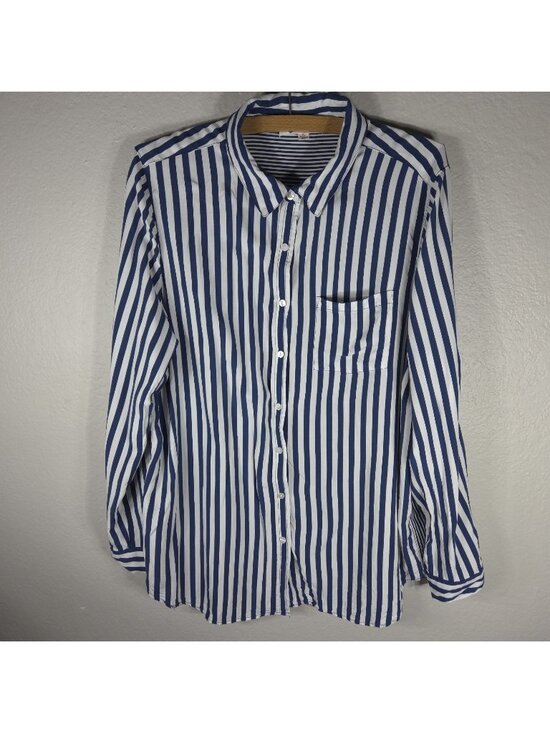 Jane and Delancey Tops - Jane + Delancey XL Navy Blue White Striped Button Back Top Shirt RollTab Sleeve